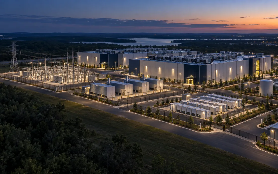 Illustrative data-center campus with utility interconnection, on-site generation and electrical infrastructure